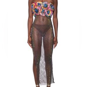 AKIRA RENAISSANCE FLORAL RHINESTONE MESH MAXI DRESS